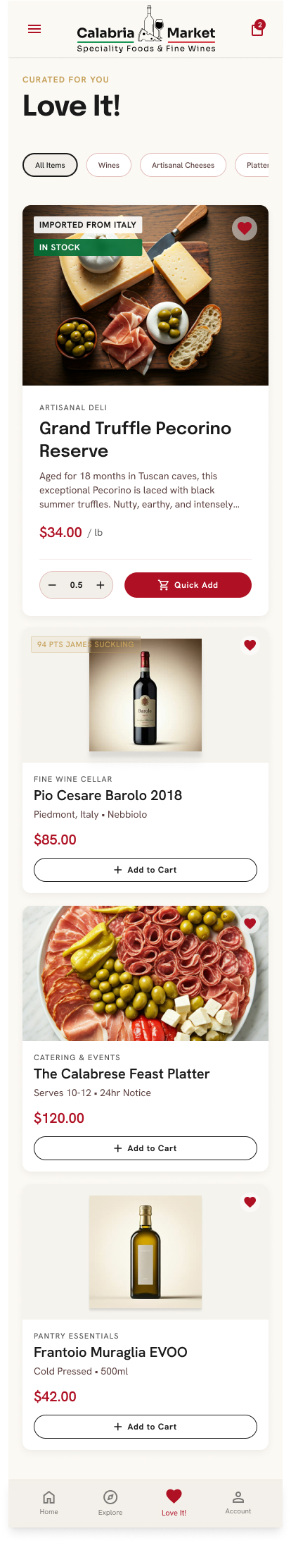 Calabria Market favorites screen